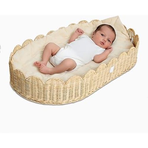 BEBE BASK Premium Baby Changing Basket - Artisan-Crafted Scalloped Rattan - Changing Basket for Baby Dresser - All Accessories Included - Complete Set for Nursery (Natural)