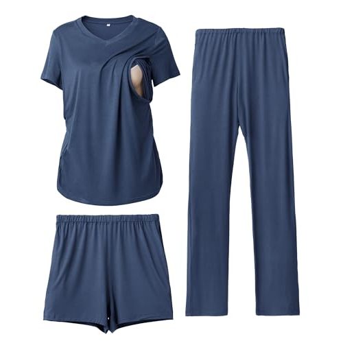 Rnxrbb 3 Piece Women's Maternity Nursing Pajamas Set V Neck Breastfeeding Pjs Sleepwear Postpartum Shorts&Pants Pockets