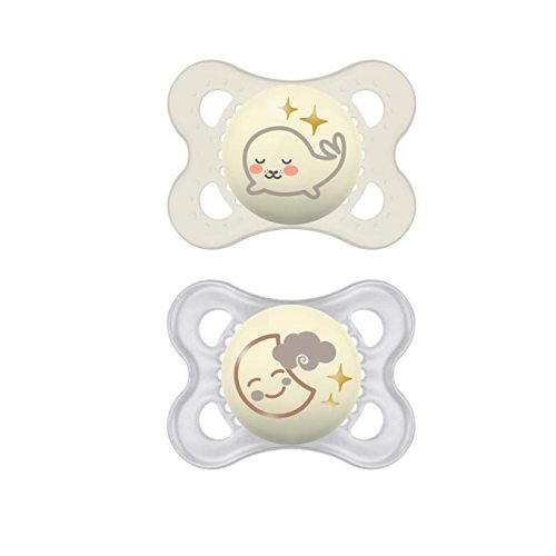 MAM Night Pacifiers (2 Pack, 1 Sterilizing Pacifier Case), MAM Pacifiers 0-6 Months Best Pacifier for Breastfed Babies, Glow in the Dark Pacifier, Unisex Baby Pacifiers, Designs May Vary