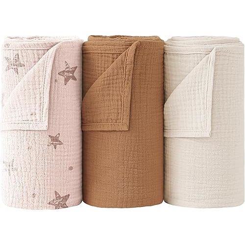 Bearmoss Muslin Swaddle Blankets, 40 x 38 inches Baby Swaddle for Boys and Girls, Soft Baby Blanket, 3 Pack Breathable Nursery Receiving Blankets (Pink Star)