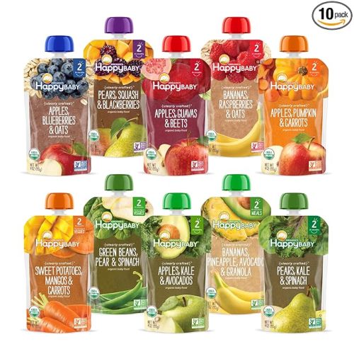 Happy Baby Organics Stage 2 Baby Food Pouches, Gluten Free, Vegan & Healthy Snack, Clearly Crafted Fruit & Veggie Puree, Fruit & Veggie Variety Pack, 4 Ounces (Pack of 10), Amazon Exclusive