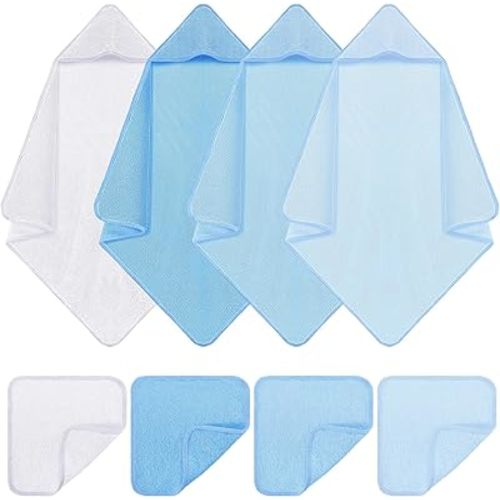 CroBlissful 8 Pcs Muslin Baby Hooded Cotton Towels and Washcloths Sets Cotton Newborn Bath Towel Infant Baby Blankets Absorbent Unisex Newborn Registry Gift for Girls Boys(Blue Series)