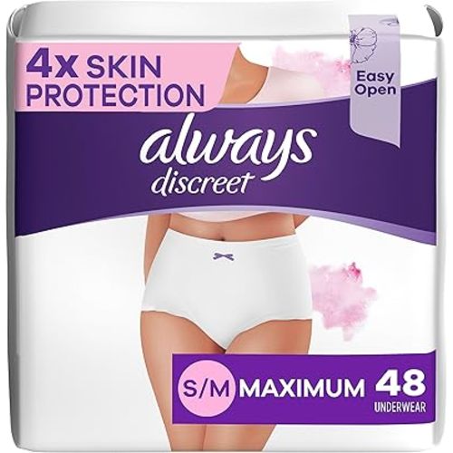 Always Discreet Sensitive, Incontinence & Postpartum Underwear For Women, Maximum Plus Protection, Small/Medium, 48 Total Count (3 Packs of 16 Count)