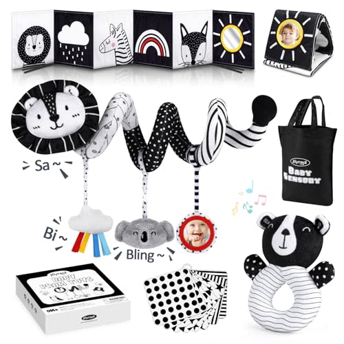 Joyreal High Contrast Baby Toys for Newborn, Black and White Baby Sensory Toys with Car Seat Toys,Infant Toys with Black White Cards Book, Montessori Toys for Baby Gifts