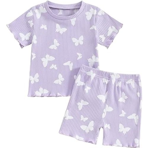 Kupretty Toddler Baby Girl Summer Clothes Ruffle Ribbed Knit Short Sleeves T-Shirt Tops + Shorts Cute Outfits Set