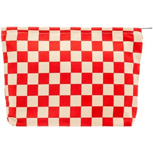 Bag organizer: PAZIMIIK Makeup Bag Large Zipper Corduroy Make Up Pouch for Purse Travel Canvas Cosmetic Organizer for Women Brush Storage,Checkered Red