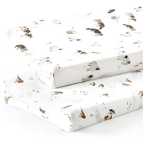 GRSSDER Stretch Ultra Soft Jersey Knit Changing Pad Cover Set 2 Pack, Change Table Pad Covers Fit 32"/34" x 16" Pads Safe and Snug, Cute Watercolor Cows and Birds Print for Boys and Girls