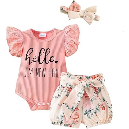 Baby Girl Summer Clothes I’m New Here Newborn Going Home Outfit Ruffle Ribbed Romper Tops Floral Shorts Set + Headband
