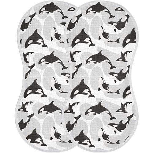 Muslin Burp Cloths for Baby Boys and Girls - 2-Pack Ultra Absorbent Killer Whale Orca Muslin Washcloths, Newborn Towel, Milk Spit Up Rags, Burp Cloth Bibs for Unisex, 22 x 11 Inch