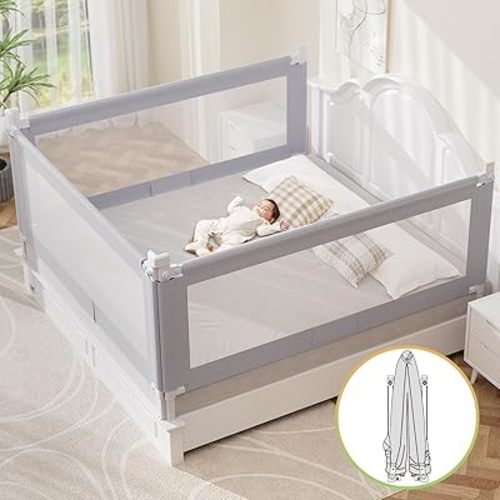 omzer Bed Guard Rail for Toddlers - Foldable Baby Bed Rail Guard with Child Lock Height Adjustable Bed Safety Rails for Children Bed Rail for Queen Size Bed - 3 Pack, 78.7x78.7x59”