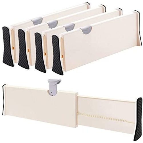 Drawer Dividers Organizer 4 Pack, Adjustable Separators 4" High Expandable from 11-17" for Bedroom, Bathroom, Closet,Clothing, Office, Kitchen Storage, Strong Secure Hold, Foam Ends, Locks in Place