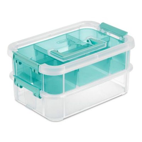 Sterilite Stack & Carry 2 Tray Handle Box Organizer: Plastic, Stackable, Portable, Universal Storage, Clear, 10.625" X 7.25"