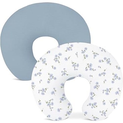 Nursing Pillow Covers 2 Pack, Muslin Nursing Cover for Breastfeeding Pillows, Comfortable for Baby Girls and Boys (Flower I & Light Blue)