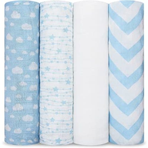 Comfy Cubs Muslin Swaddle Blankets Pack of 4, 47 x 47 Inches, Soft Cotton Baby Blanket Set, Large Multipurpose Swaddling Wraps for Newborns - Self-Soothing Swaddle - Blue