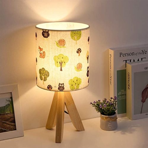 HAITRAL Small Table Lamp - Tripod Nightstand Lamp, Modern Bedside Desk Lamp for Kids Room, Girls Room, Bedroom, Dorm Room, Office with Wooden Base Fabric Lamp Shade | Desk Lamp for Kids Room, Girls Room, Bedroom, Dorm Room, Office ,Wooden Base, Fabric Lam