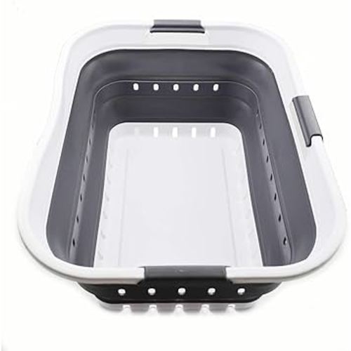 SAMMART 42L (11 gallon) Collapsible Plastic Laundry Basket - Foldable Pop Up Storage Container/Organizer - Space Saving Hamper/Basket (1, White/Dark Grey)