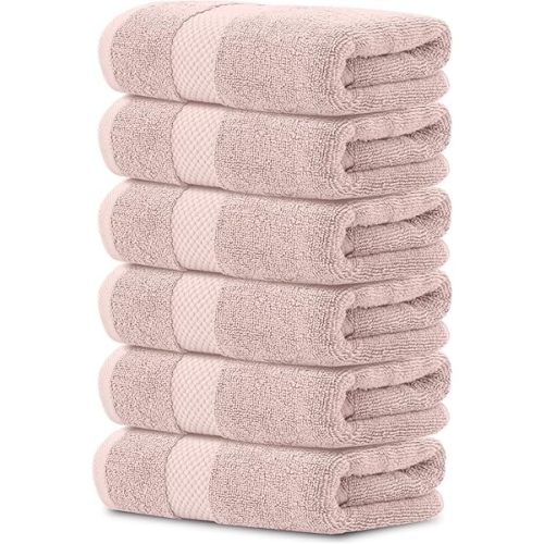 White Classic Luxury Hand Towels | Cotton Hotel spa Bathroom Towel | 16x30 | 6 Pack | Pink