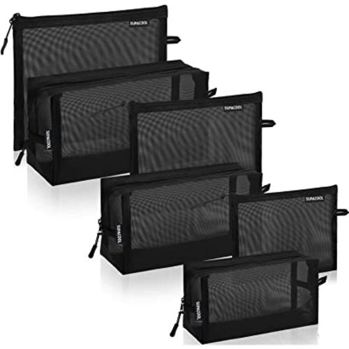 SUPACOOL Set of 6 Black Travel Mesh Cosmetic Makeup Organizer Portable Bags with Zipper diaper bag organizing pouches Nylon toiletries Bag For Women and Men Gray 6pcs (S/M/L) (BLACK(6pcs))