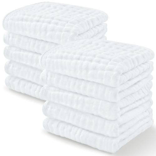Comfy Cubs Muslin Baby Washcloths 10 Pack - Soft 6-Layer Cotton Wash Cloths for Sensitive Skin - 10"x10" Large, Gentle, Absorbent Infant Essentials for Newborn and Toddlers - White