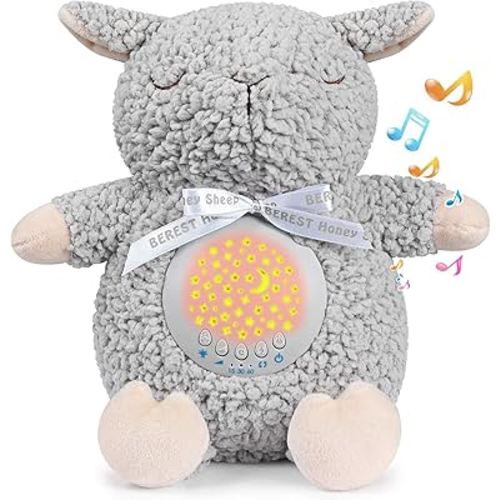 BEREST Baby Sleep Soother with Projector Night Light & Auto-Off Timer, Musical Sheep Plush Toy with White Noise, Heartbeat, Shushing, Lullabies for Newborns, Infants Shower Gift