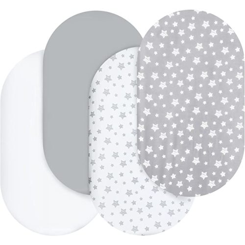 Bassinet Sheets Set 4 Pack for Baby Boy or Girl, Universal Fit for Oval, Hourglass and Rectangular Mattress, Grey