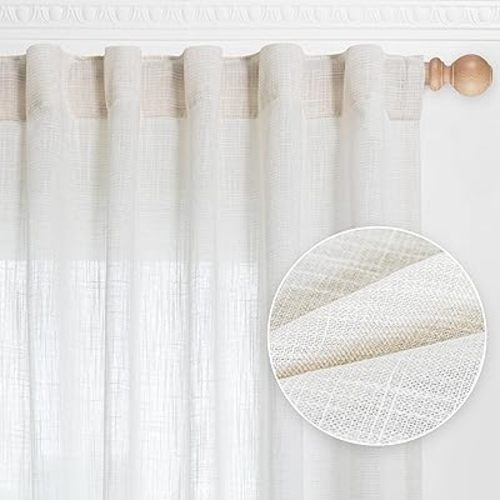 MYSKY HOME Natural Linen White Curtains 84 Inches Long, Semi Sheer Soft Cotton Window Drapes Set for Living Room Back Tab Elegant Cute Look Country Bedroom Curtains, 50" x 84", Beige, Pack-2