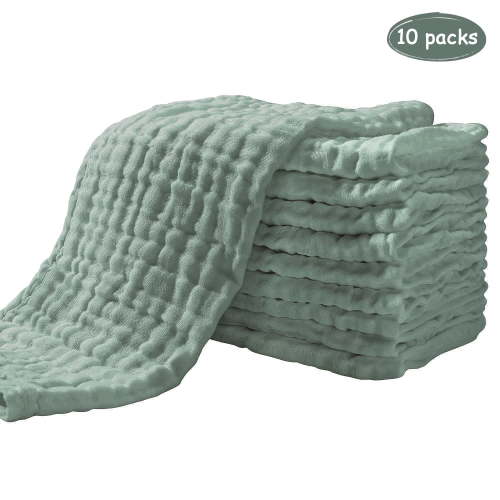 Yoofoss 100% Cotton Muslin Baby Burp Cloths, 10 Pack, Soft, Dark Green, For Boys and Girls