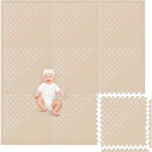 Play Platoon Large Baby Play Mat for Floor 9 Tile 72 x 72 in - Extra-Thick Interlocking Foam Tiles 24 x 24 in - Soft Puzzle Mats for Playroom - Neutral Playmat Rug for Kids - Triangle