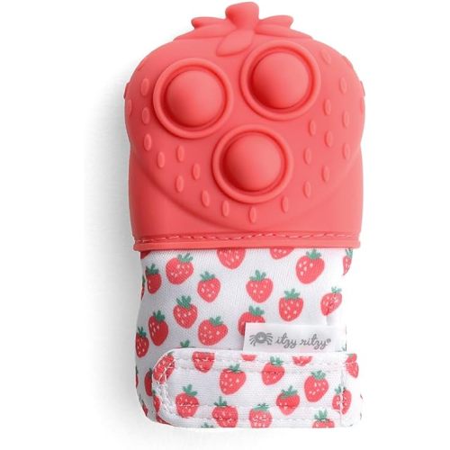 Itzy Ritzy Silicone Teething Mitt - Soothing Infant Teething Mitten with Adjustable Strap, Crinkle Sound & Textured Silicone to Soothe Sore & Swollen Gums - for Ages 3 Months & Up (Strawberry)