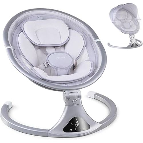 LAREX Baby Swing to Toddler Electric Infant Swing Portable for Newborn Boy Girl, 5 Sway Speeds with Remote Control, 12 Preset Melodies and Bluetooth, 0-6 Months Max 20 Lbs (2024 Model-Sliver)
