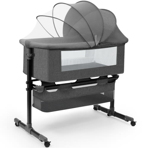HDJ 4 in 1 Baby Bassinet, Portable Infant Bedside Crib with Lockable Wheel for 0-6 Months Baby, Dark Gray