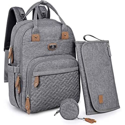 Dikaslon Diaper Bag Backpack with Portable Changing Pad, Pacifier Case and Stroller Straps, Large Unisex Baby Bags for Boys Girls, Multipurpose Travel Back Pack for Moms Dads, Gray