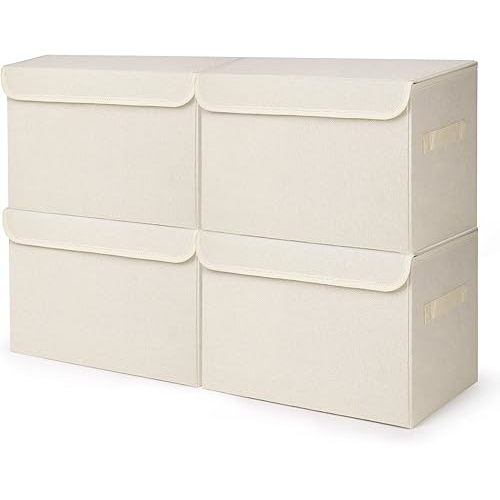 Large 22 Quart [4-Pack] Linen Fabric Foldable Storage Bin Cube Organizer Basket with Flip-Top Lid & Handles, Clothes Blanket Box for Home, Office, Closet (14.6 x 9.5 x 9.5, Beige)