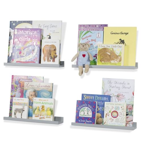 Wallniture Denver Floating Book Shelves for Wall, Kids Room and Nursery Decor, Photo Picture Ledge Shelf, Set of 4, Gray
