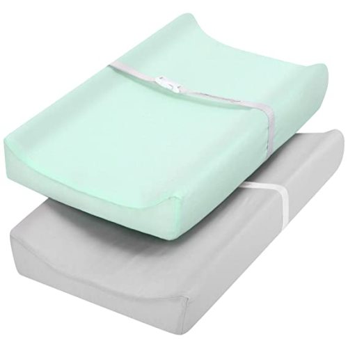 TILLYOU Changing Pad Cover Set in Soft Jersey Material - Fits 32"/34''x16 Contoured Pad for Babies, Lt Green & Lt Gray