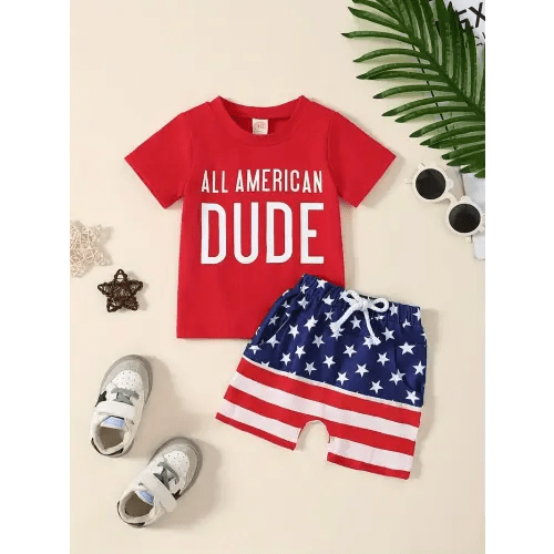 2pcs Baby Boys Patriotic Independence Day Cotton Outfit Set, Casual Style Short Sleeve 'All American Dude' T-Shirt With Star Spangled Striped Shorts S