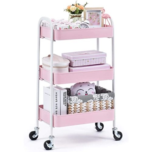 TOOLF 3 Tier Rolling Cart, Metal Utility Cart No Screw, BABY caddy Easy Assemble Utility Serving Cart, Sturdy Storage Trolley with Handles, Locking Wheels, for Classroom Office Home Bedroom Bathroom, Pink