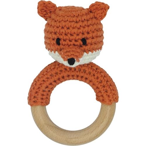 Safari Animals Wooden Baby Rattle Toys Stuffed Crochet Rattle with Teether Ring for Newborn, Orange Fox