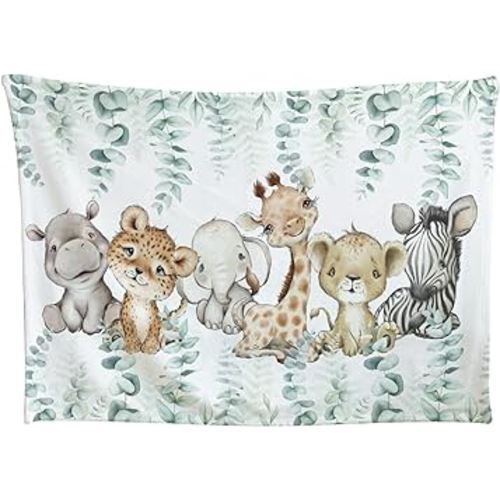 Safari Jungle African Animal Eucalyptus Leaf Baby Blanket Boys Gift, Elephant Giraffe Lion Flannel Fleece Nursery Bed Blankets, Soft Lightweight Newborn Infant Toddler Crib Bedding 30 x 40