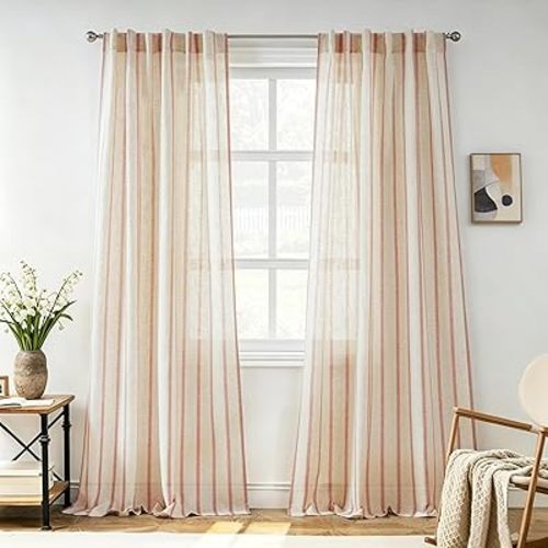 DriftAway Farmhouse Curtains for Living Room Vertical Striped Linen Window Curtains Semi Sheer Light Filtering Back Tab Rod Pocket, 84 Inches Long, 2 Panels, Pinstripe Red on Beige