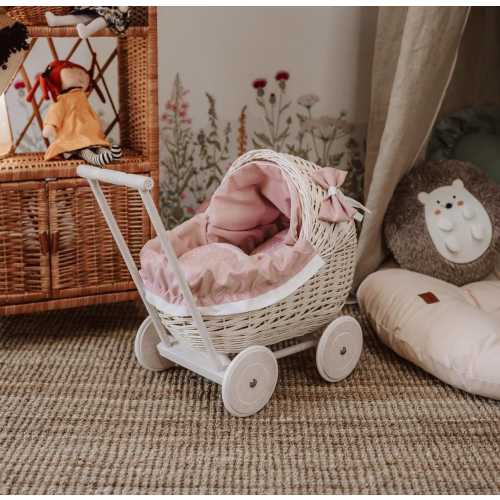 Premium Wicker Pram for Doll, Pink color Vintage style Baby carriage toy for Toddler, Eco Stroller, 1st 2nd Birthday Gift for little girl
