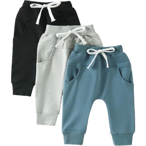 Yoawdats Baby Boys' 3-Pack Pull-on Jogger Pants Knit Pants Classic Fit Elastic Waist Kids Toddler Pants Multipacks Long Pants