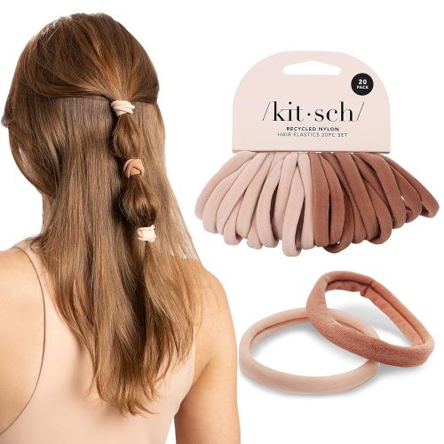 Kitsch Hair Ties No Damage - Strong, Stretchy Hair Bands | Soft Nylon Ponytail Holders, Snag-Free Rubber Bands, Perfect for Updos & Braids - Blush, 20pcs