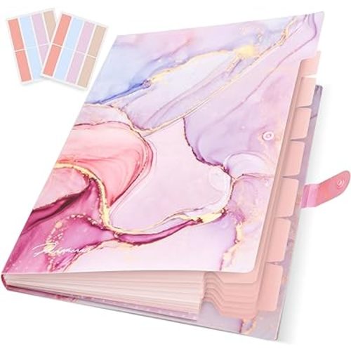 Expanding File Folder, Folders for Important Documents Organizer, Accordion File Organizer, Aesthetic Folders for School Students, 8 Pockets File Folder for Home Bills (Pink Gold Marble)