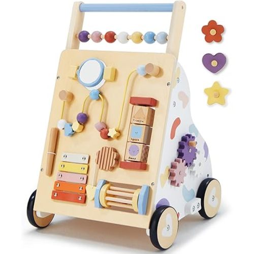 Frogprin Wooden Baby Walker, Baby Push Walker, Montessori Walker Toy for Babies 12M+ Learning to Walk & Sit-to-Stand, Adjustable Speed Walkers for Boys, Baby Activity Center with Sensory Toy for Girls