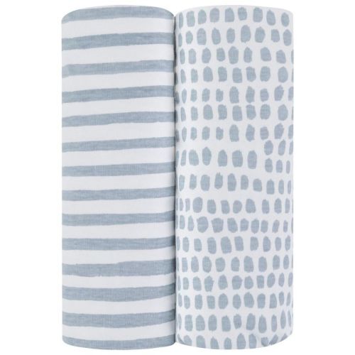 Ely's & Co. Baby Waterproof Fitted Pack N Play - Mini Crib Sheet 100% Combed Jersey Cotton Misty Blue Stripes And Splash 2 Pack