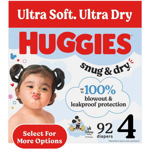 Free Shipping! Huggies Baby Diapers Size 4, 22-37 lbs, 92 Count, Leakproof, CloudSoft Absorbent Layers