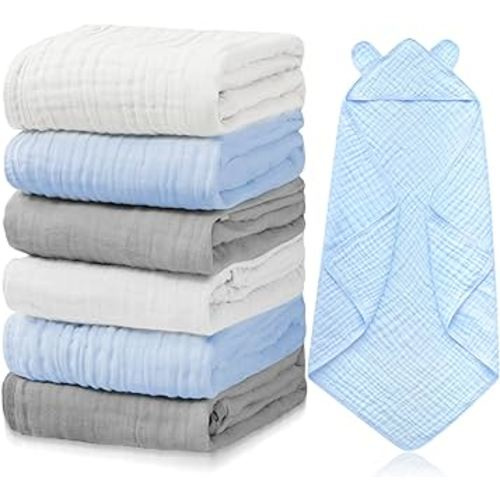 Preboun 6 Pcs Muslin Baby Bath Towel with Hood 6 Layers Cute Hooded Baby Towels Cotton Absorbent Baby Hooded Towel for Newborn Kids Girl Infant Boys Toddler Shower Gift Supplies (Grey,Blue,White)