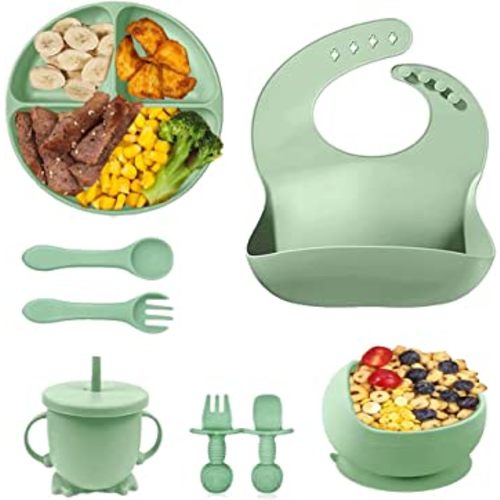 MAXTIL 8 Pcs Baby LED Weaning Supplies, Silicone Baby Feeding Set Silicone Suction Plates Adjustable Silicone Toddler Bibs Baby Plates and Bowls Set Suction Bowls Divided Plates
