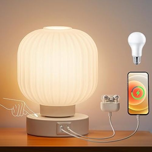 Touch Bedside Table Lamp - Small Table Lamps,3 Way Dimmable with USB C+A Charging Ports - Bedroom Nightstand & Living Room Essential, 6W Bulb Included